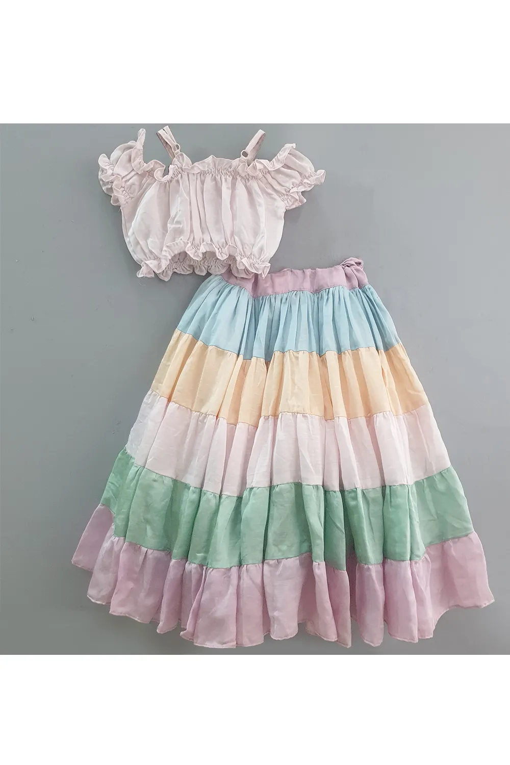 Off shoulder balloon sleeves top with rainbow ghagra