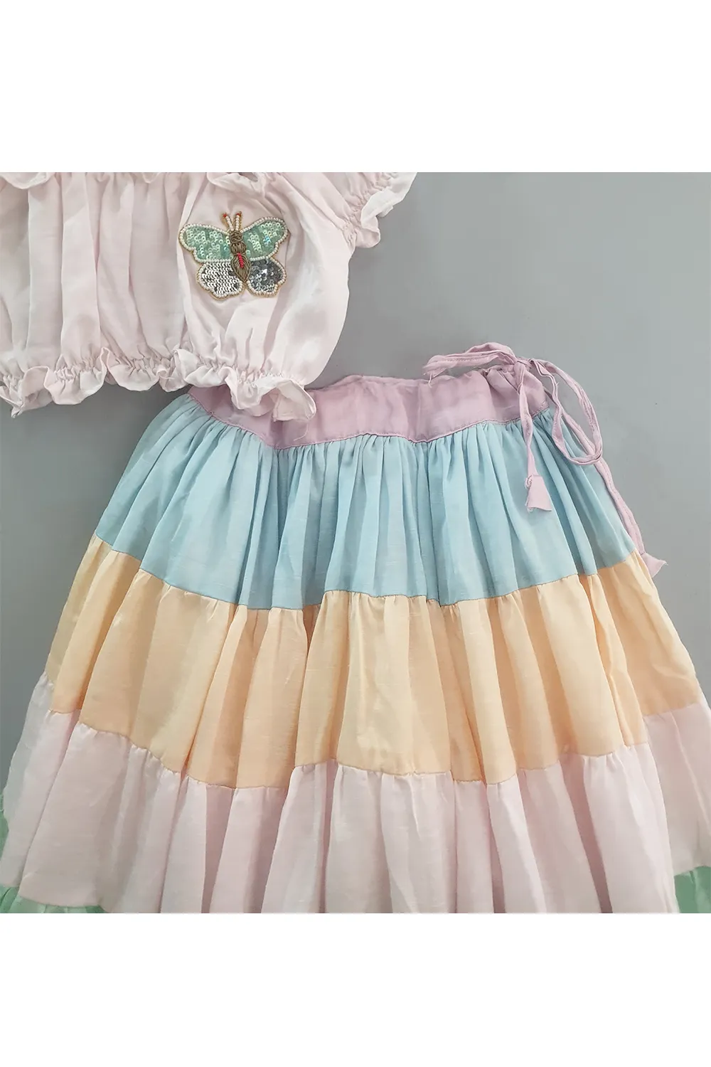 Off shoulder balloon sleeves top with rainbow ghagra