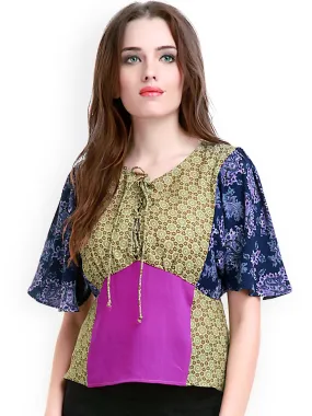 Olive Floral Color Block Top