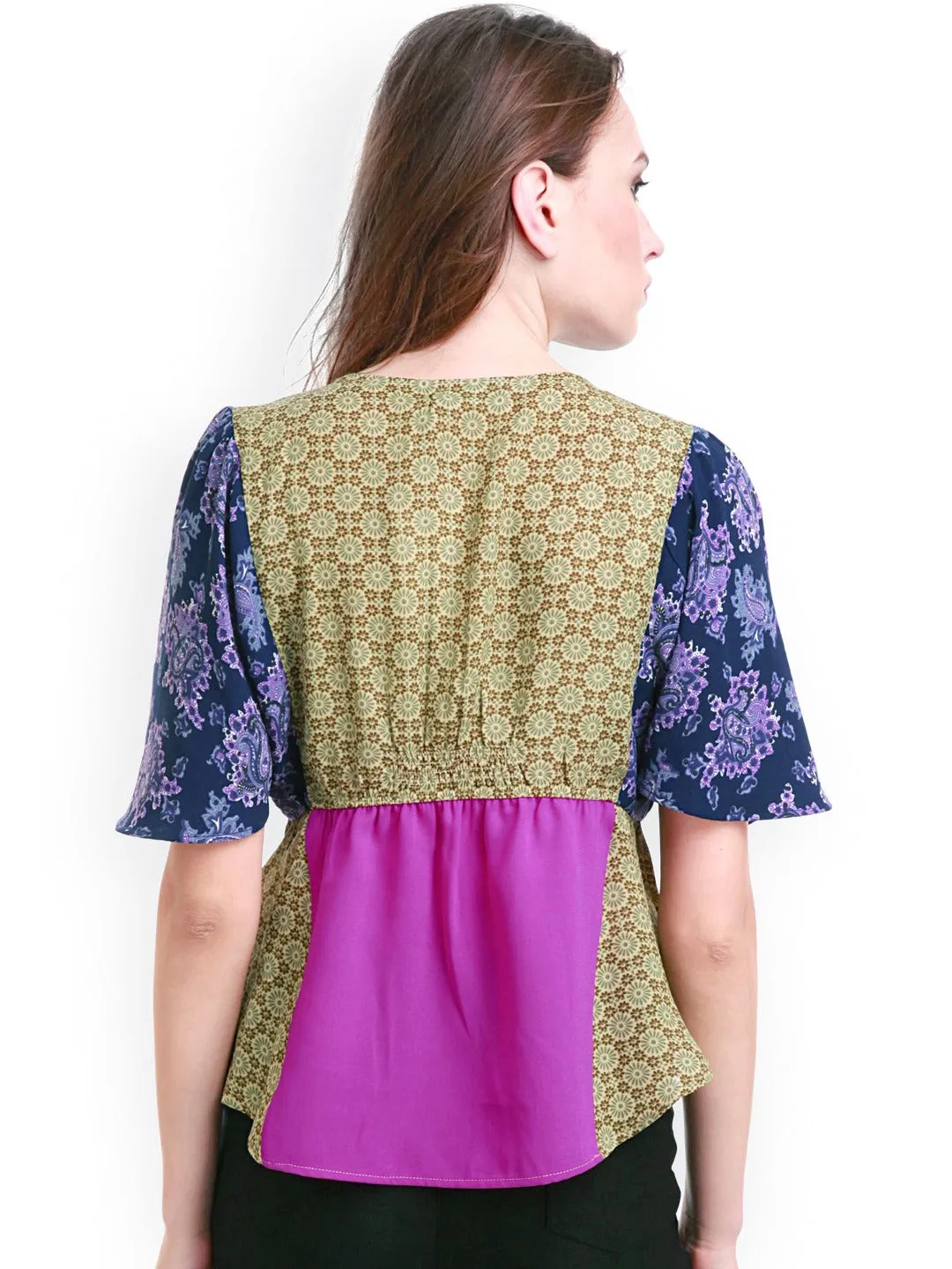 Olive Floral Color Block Top