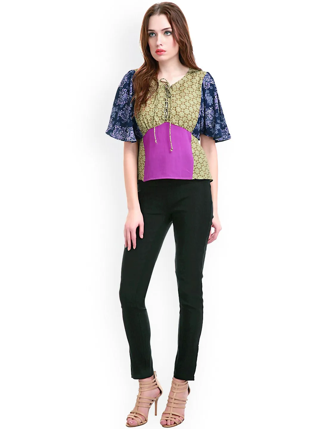 Olive Floral Color Block Top