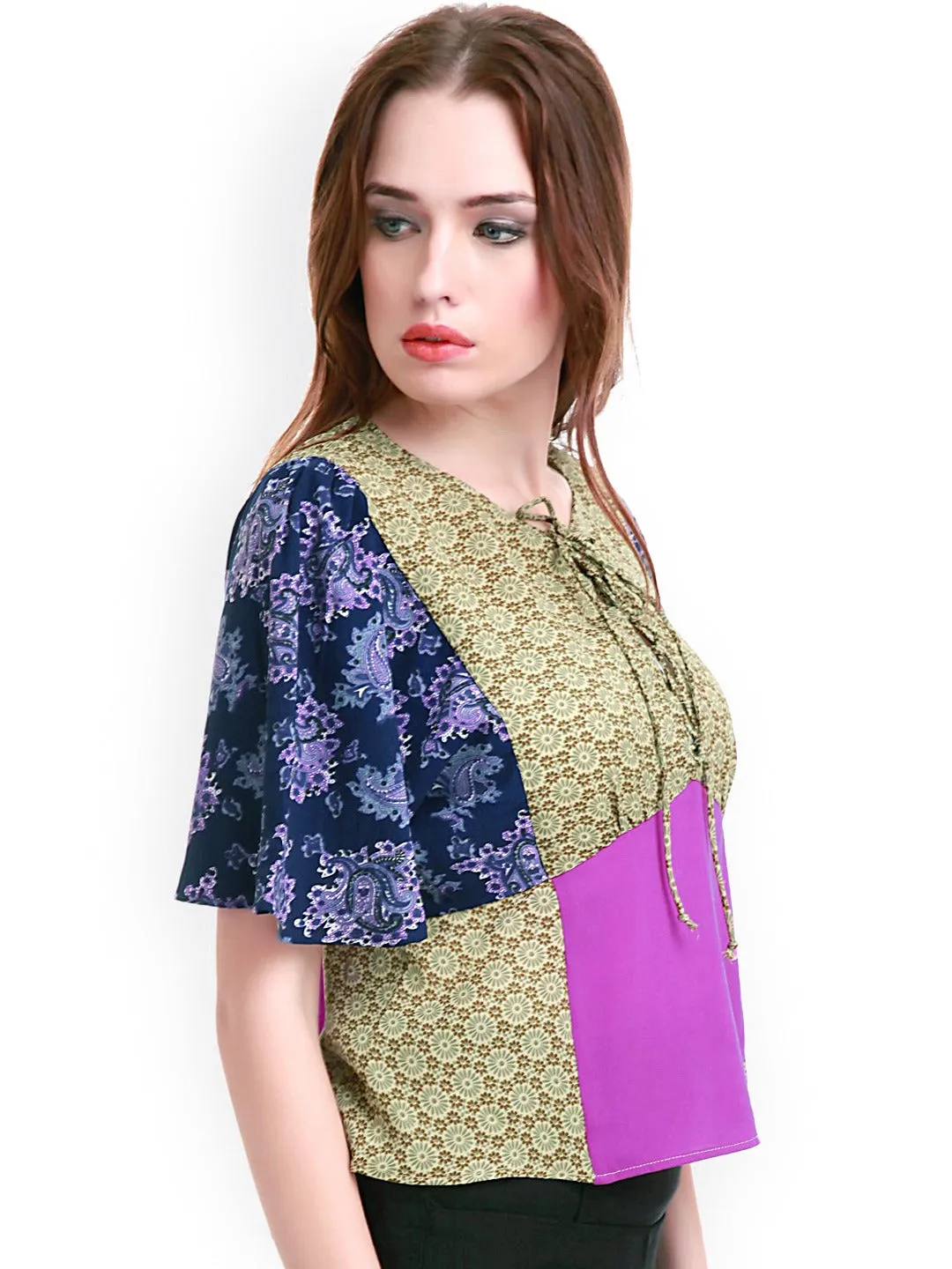 Olive Floral Color Block Top