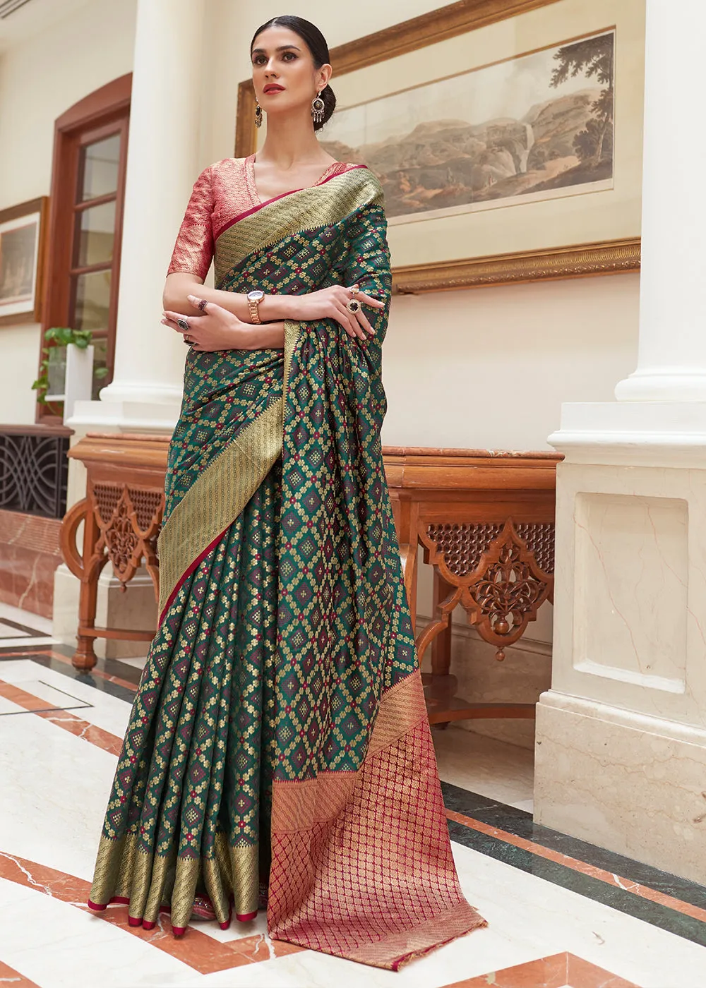 Opal Green Handloom Patola Weave Silk Saree
