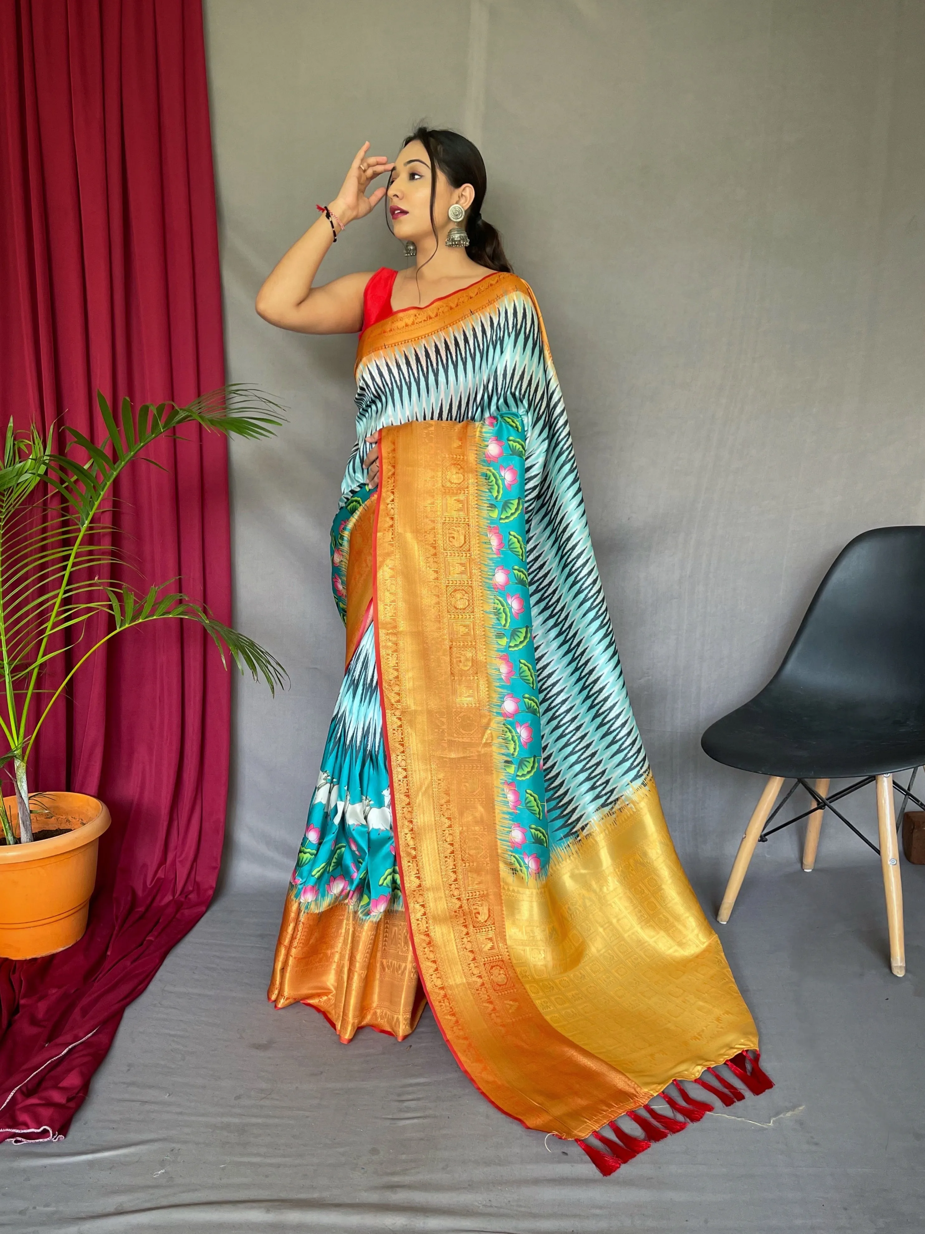 Pacific Blue Saree in Kalamkari Print