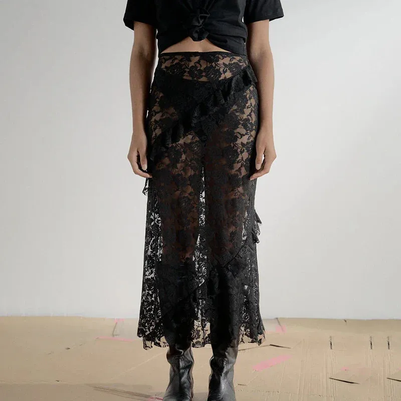 Patchwork Lace Ruffled Maxi Skirt