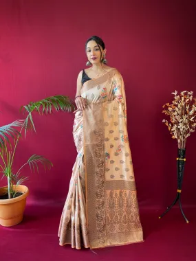 Peach Orange Saree in Soft Silk Floral Print