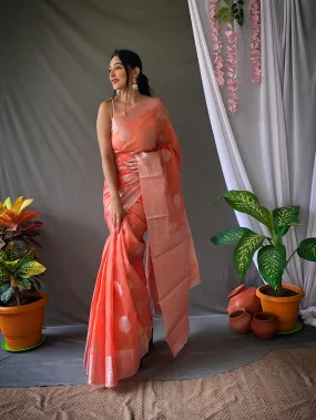 Peach Saree in Linen Silver Zari for women