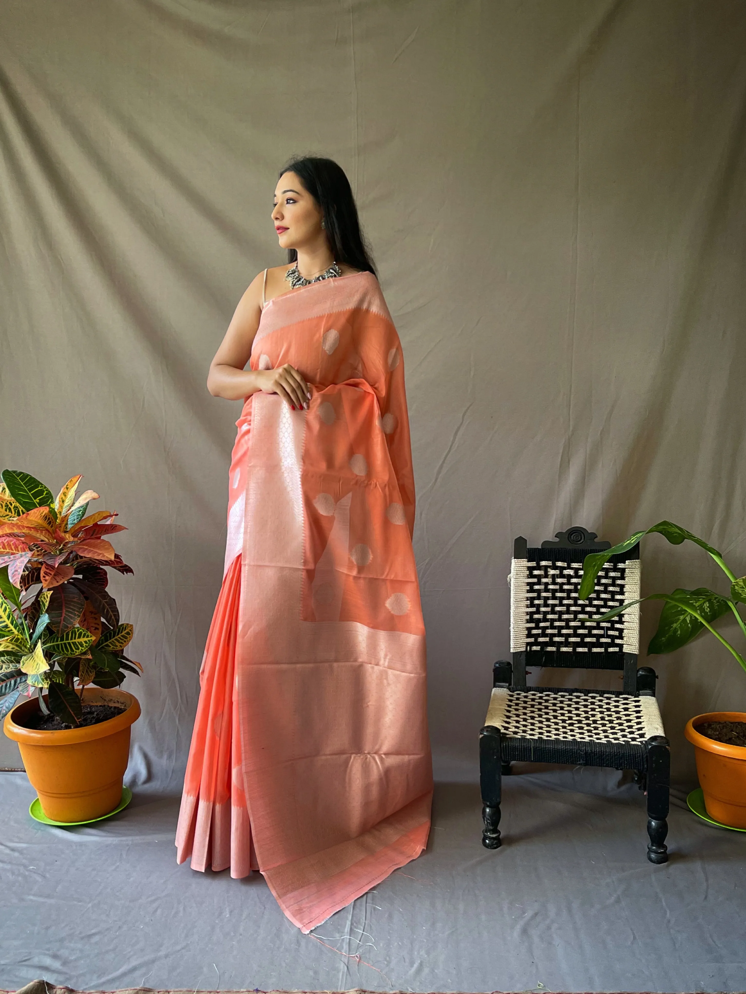Peach Saree in Linen Silver Zari