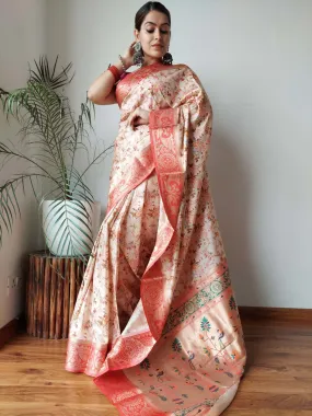 Peach Saree with Floral Print Paithani Silk