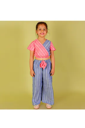 Pink And Blue Stripe Printed Top With Palazzo Set