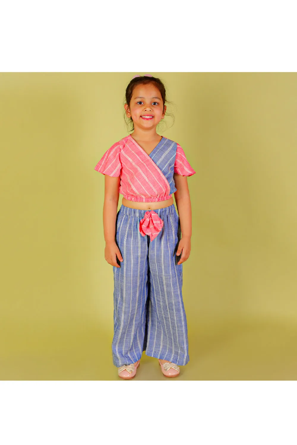 Pink And Blue Stripe Printed Top With Palazzo Set