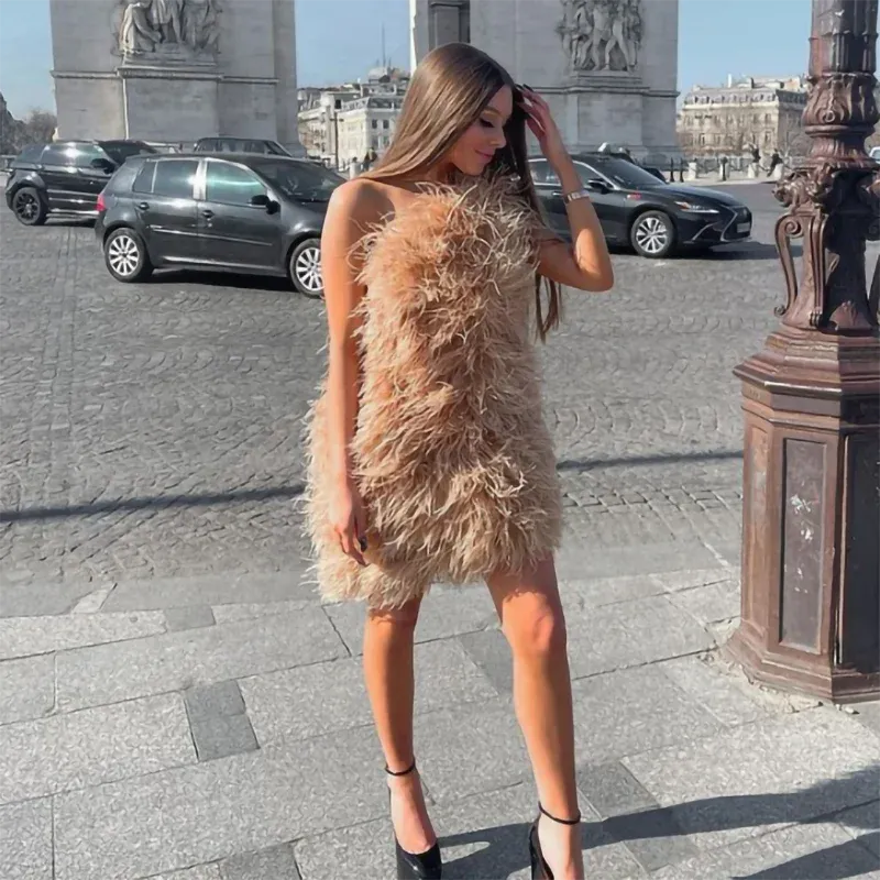 Pink Wrap Feather Fur Dress