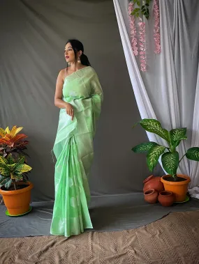 Pista Green Saree in Linen Silver Zari for women