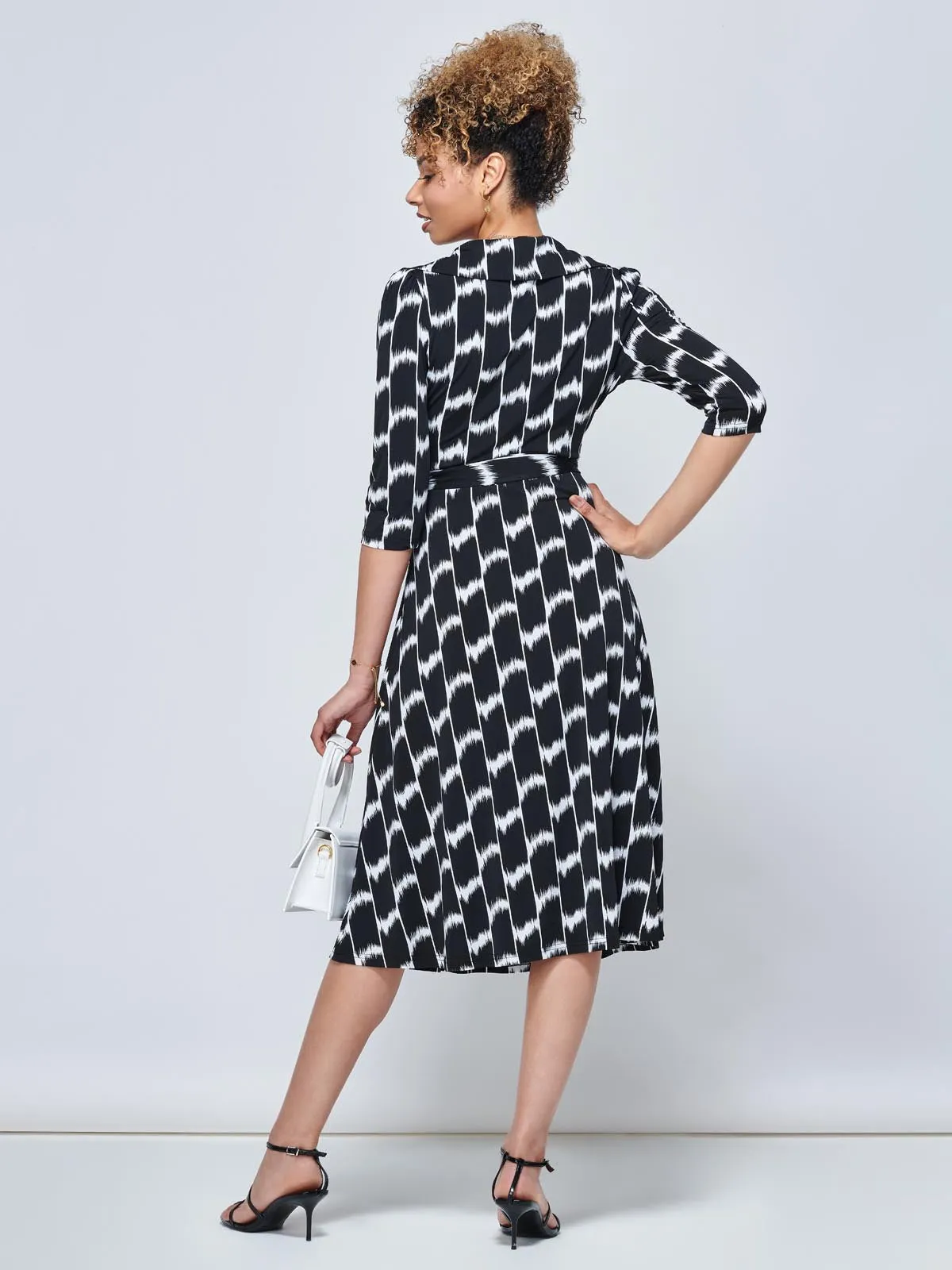 Raegan Wrap Tie Side Jersey Dress, Black Geo