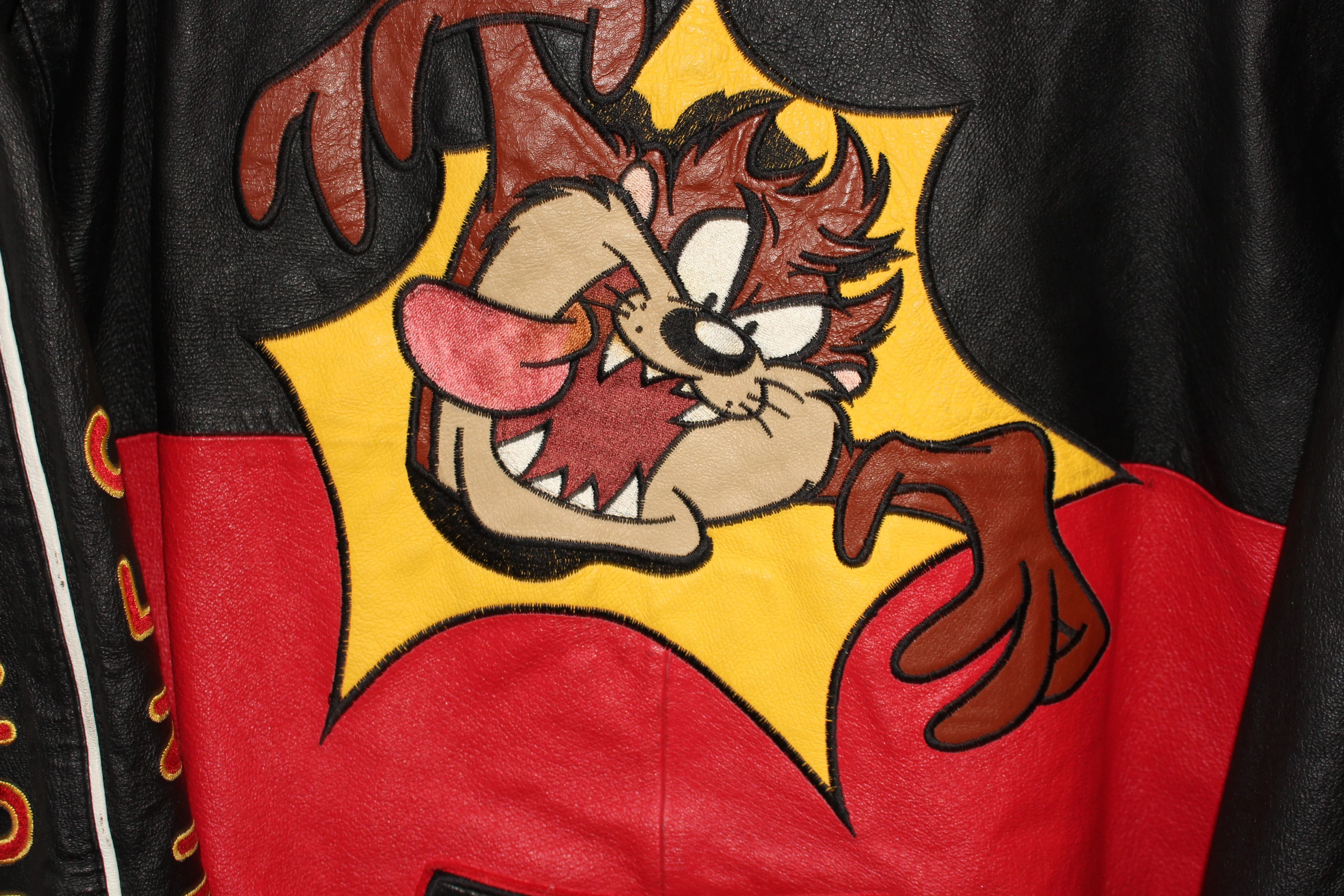 Rare Taz Man Looney Tunes Warner Brother Leather Bomber Jacket (L)