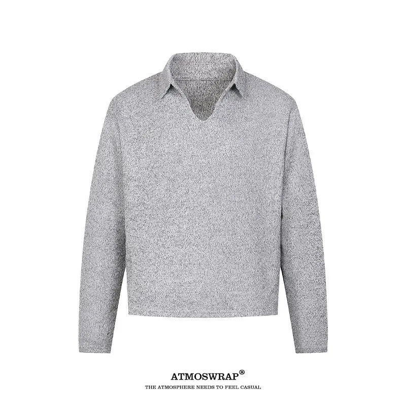 Riolio American Retro Old Money Style Wheat Ear V-neck Long-Sleeved T-shirt Men's Autumn and Winter Lazy Gray Knitted Lapel Polo Shirt