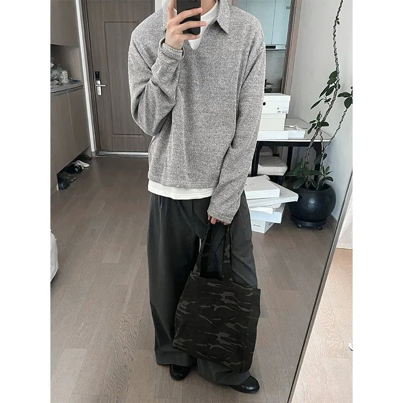 Riolio American Retro Old Money Style Wheat Ear V-neck Long-Sleeved T-shirt Men's Autumn and Winter Lazy Gray Knitted Lapel Polo Shirt
