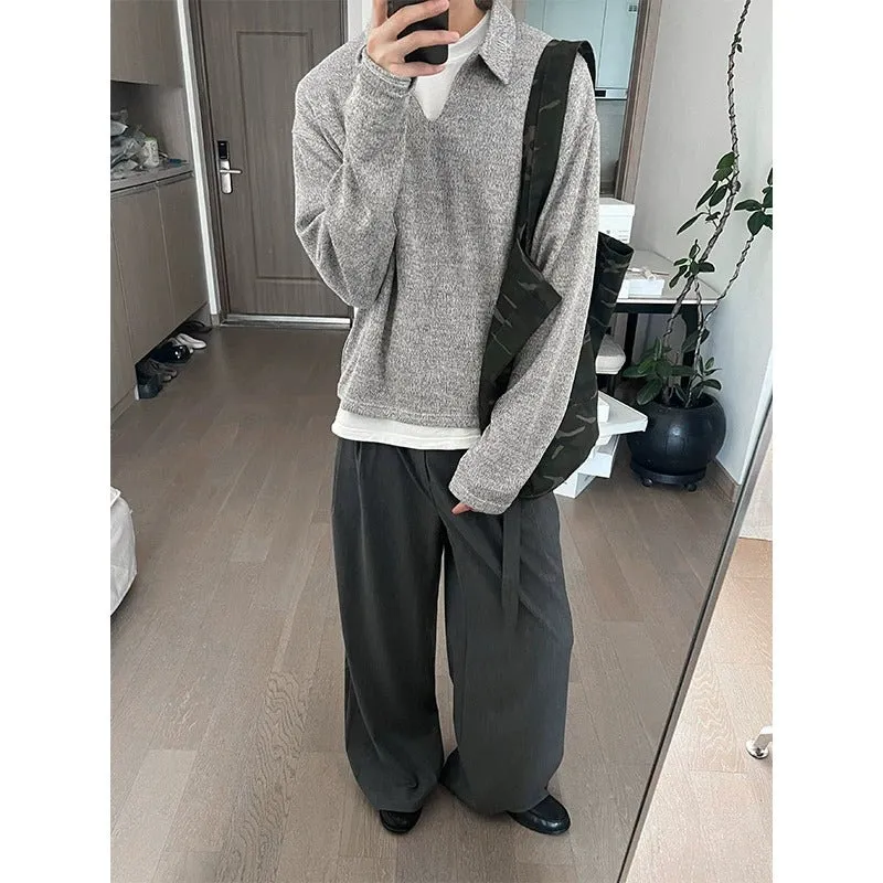 Riolio American Retro Old Money Style Wheat Ear V-neck Long-Sleeved T-shirt Men's Autumn and Winter Lazy Gray Knitted Lapel Polo Shirt