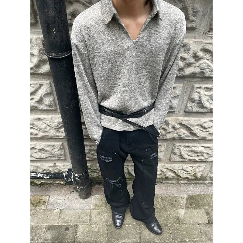 Riolio American Retro Old Money Style Wheat Ear V-neck Long-Sleeved T-shirt Men's Autumn and Winter Lazy Gray Knitted Lapel Polo Shirt