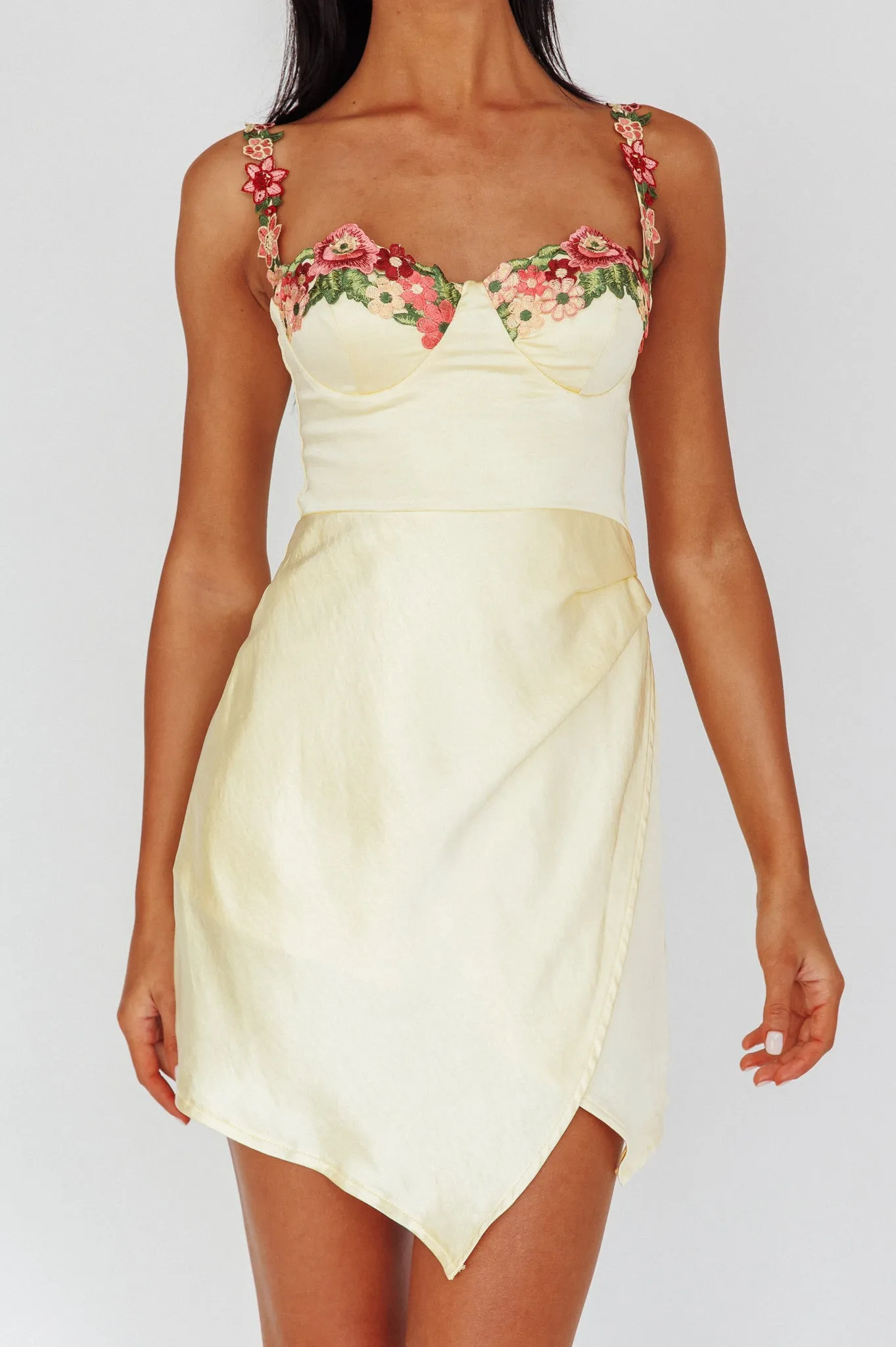 Rose Garden Floral Applique Wrap Mini Dress Lemon