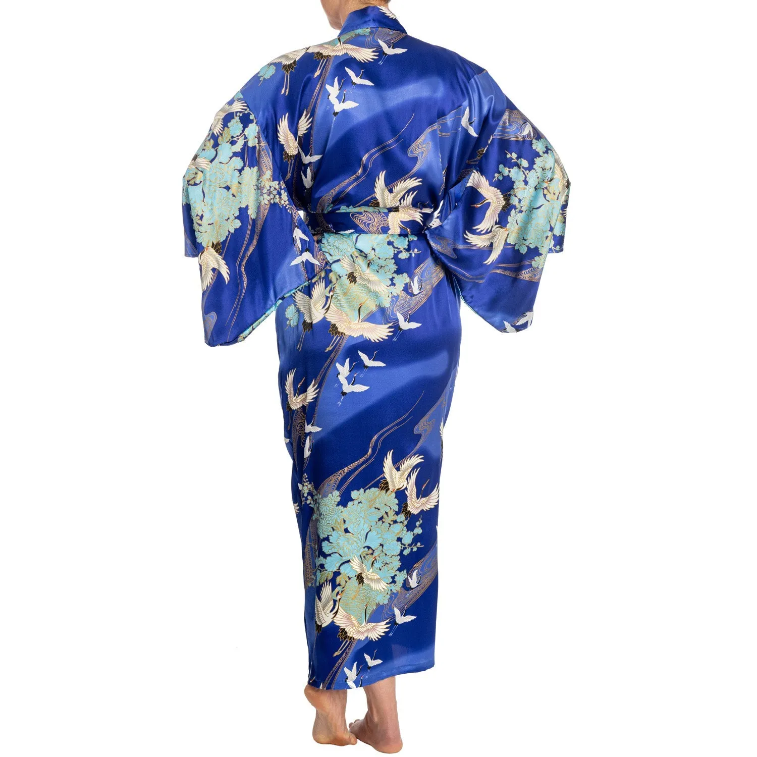 Silk Crane Print Long Blue Japanese Kimono