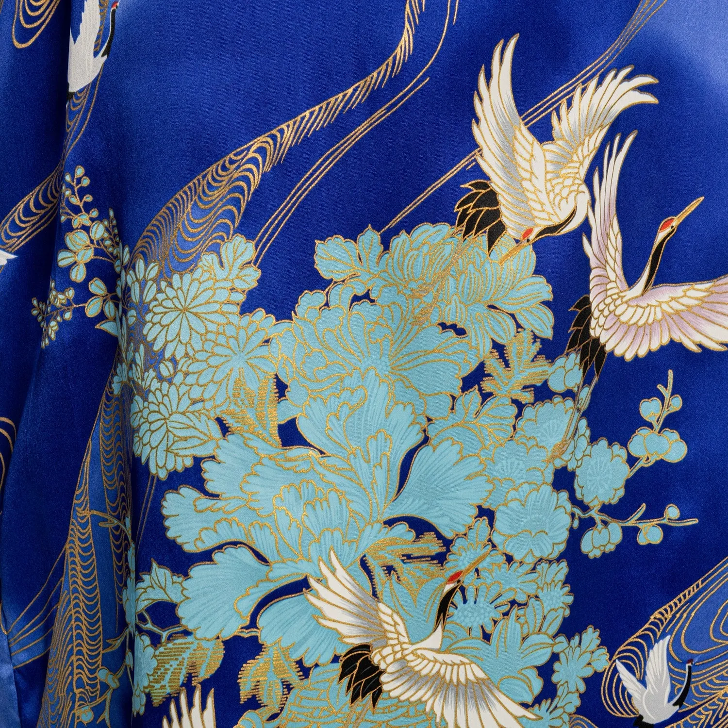 Silk Crane Print Long Blue Japanese Kimono