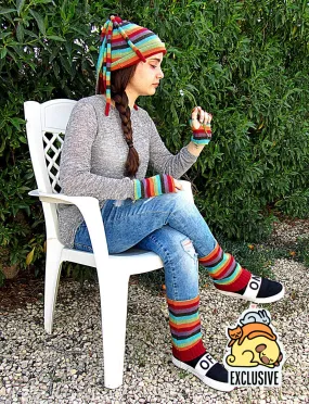 Striped Knitted set: a beanie cap, fingerless gloves and gaiters
