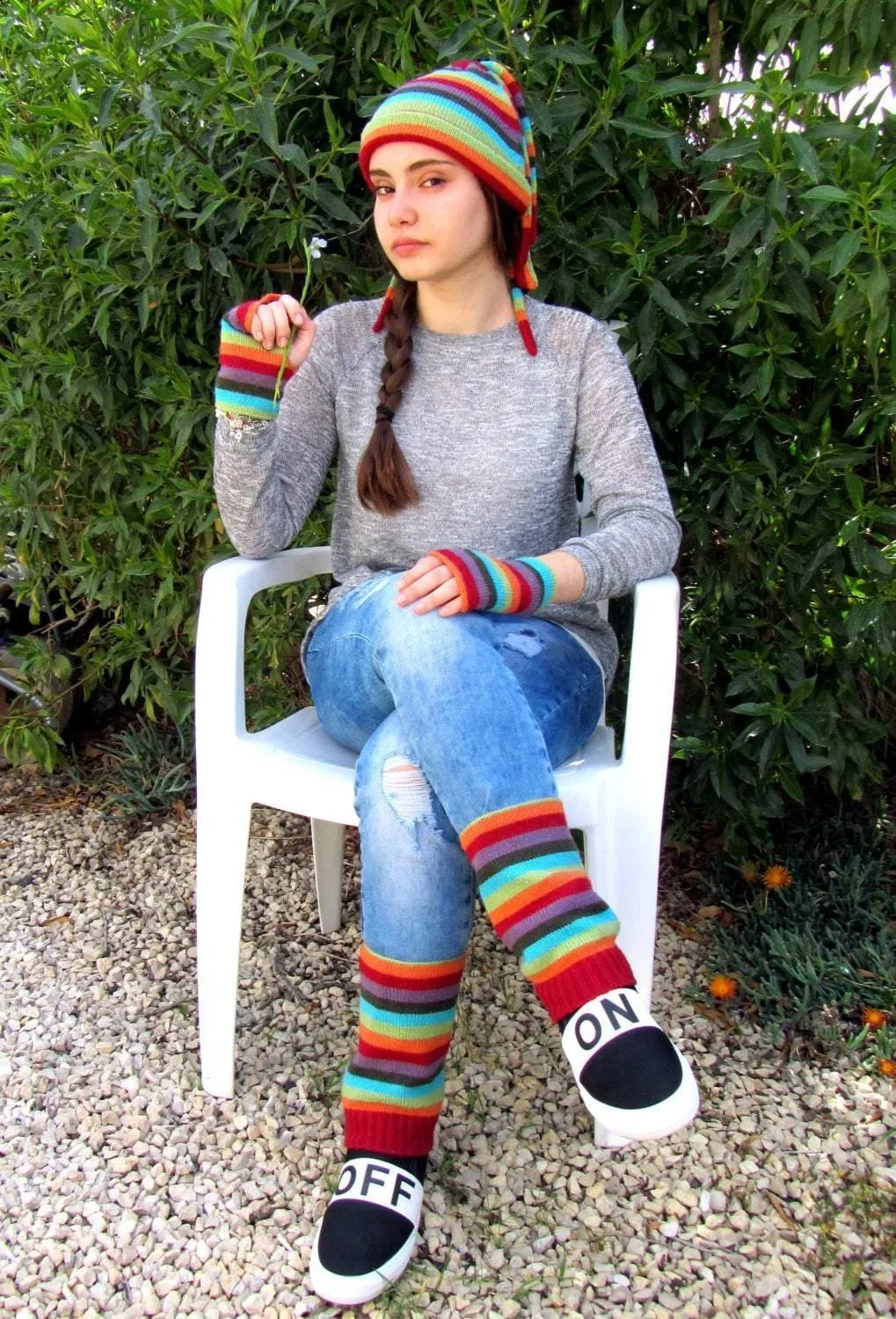 Striped Knitted set: a beanie cap, fingerless gloves and gaiters