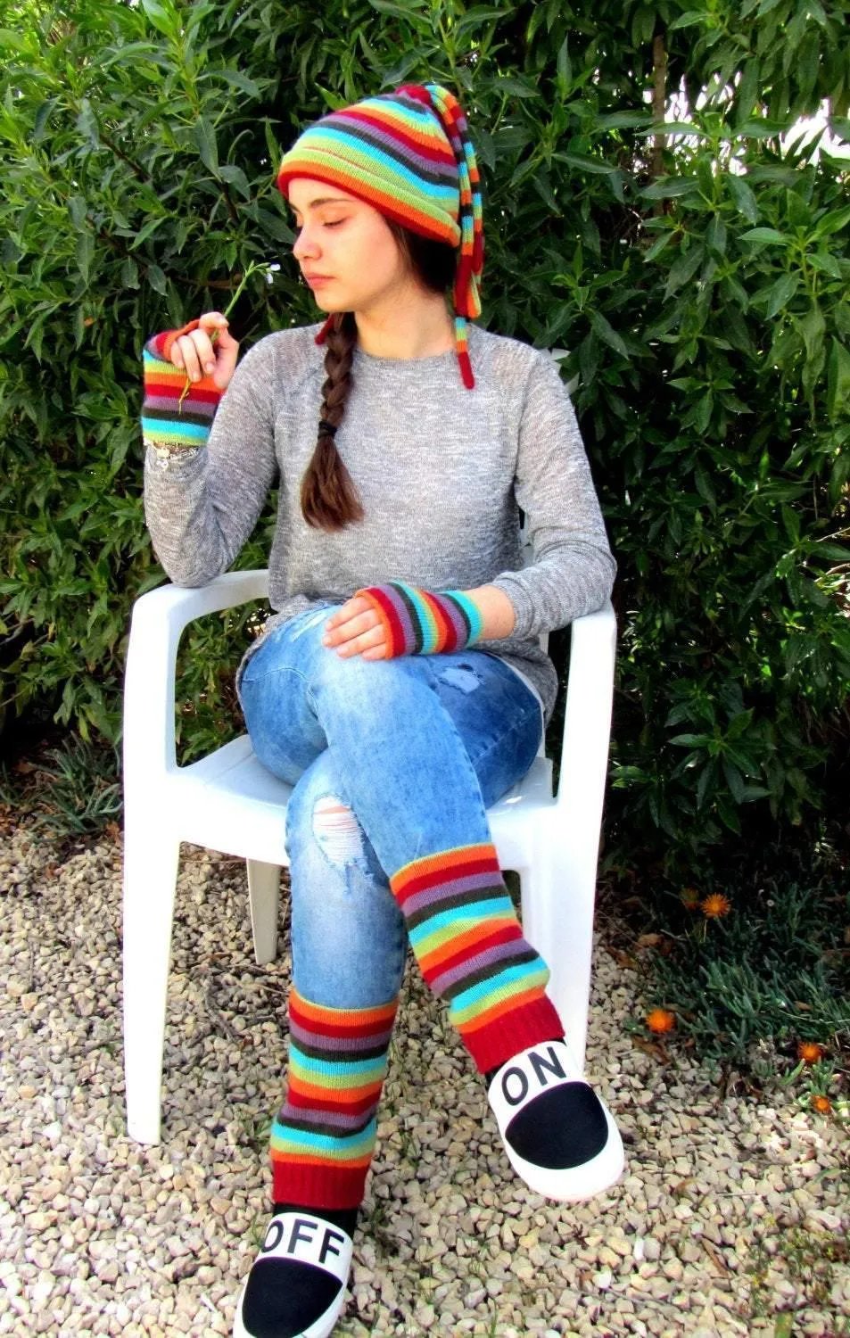 Striped Knitted set: a beanie cap, fingerless gloves and gaiters