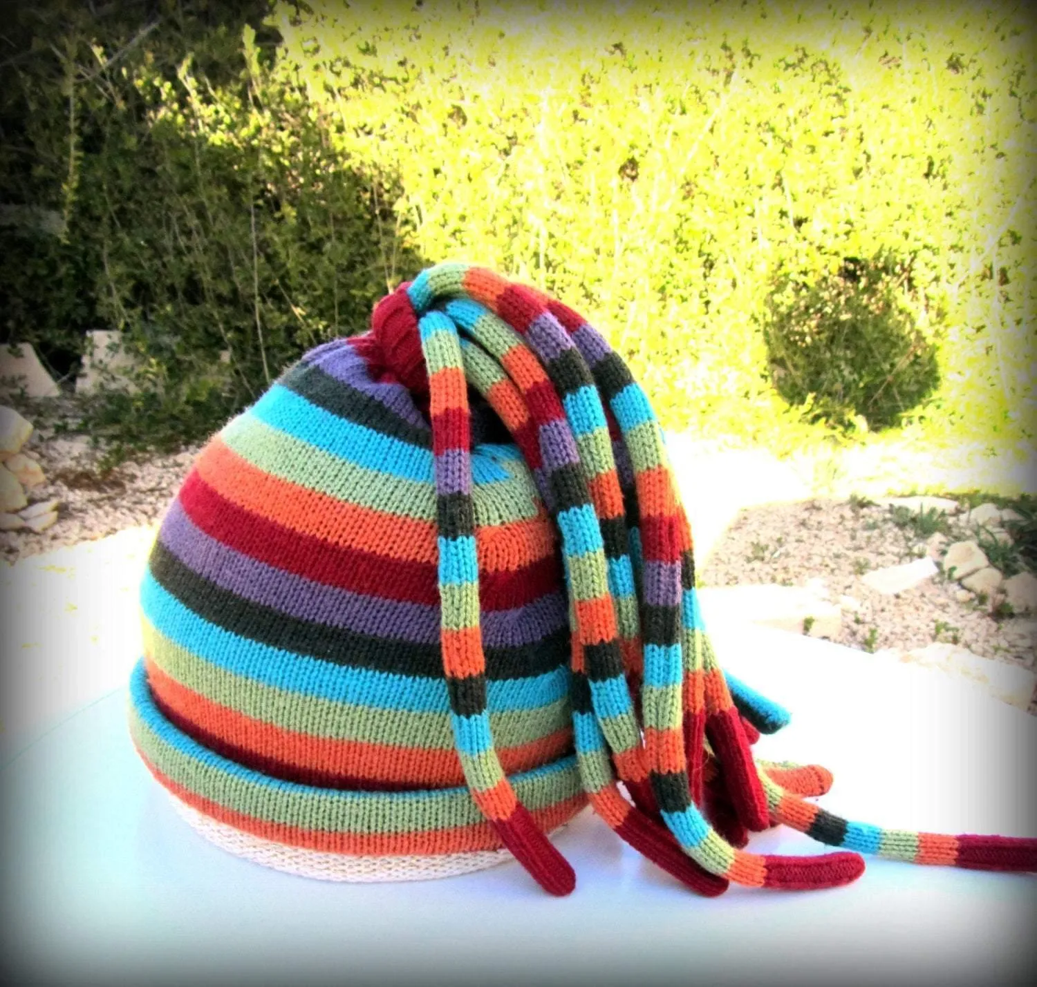 Striped Knitted set: a beanie cap, fingerless gloves and gaiters