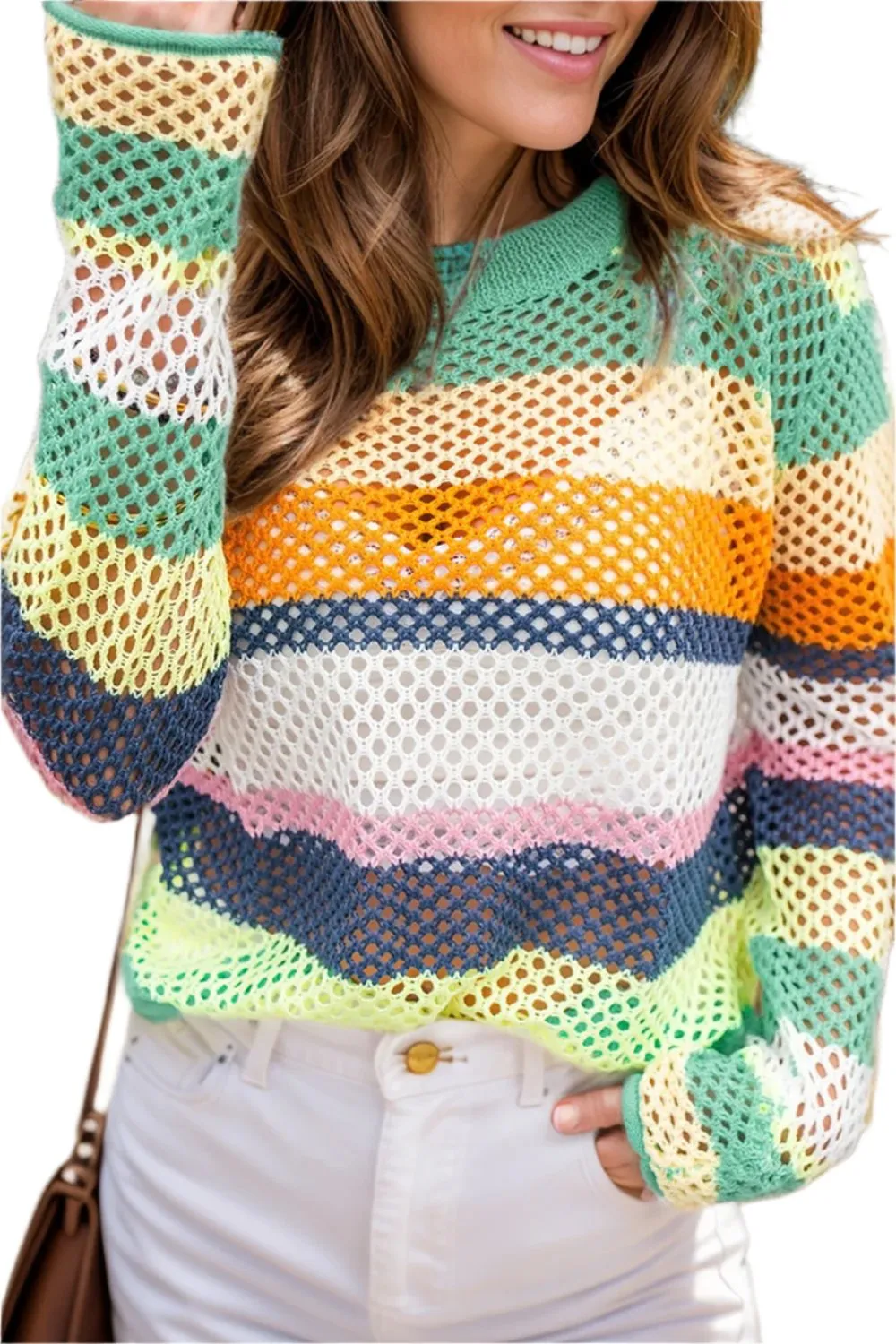 TEEK - Mesh Color Block Round Neck Knit Top