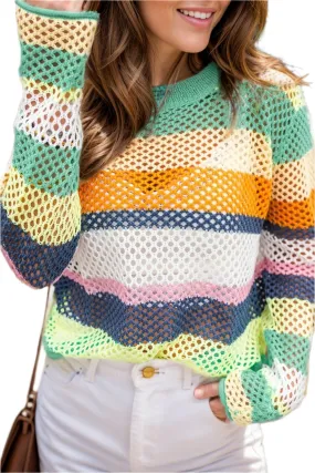 TEEK - Mesh Color Block Round Neck Knit Top