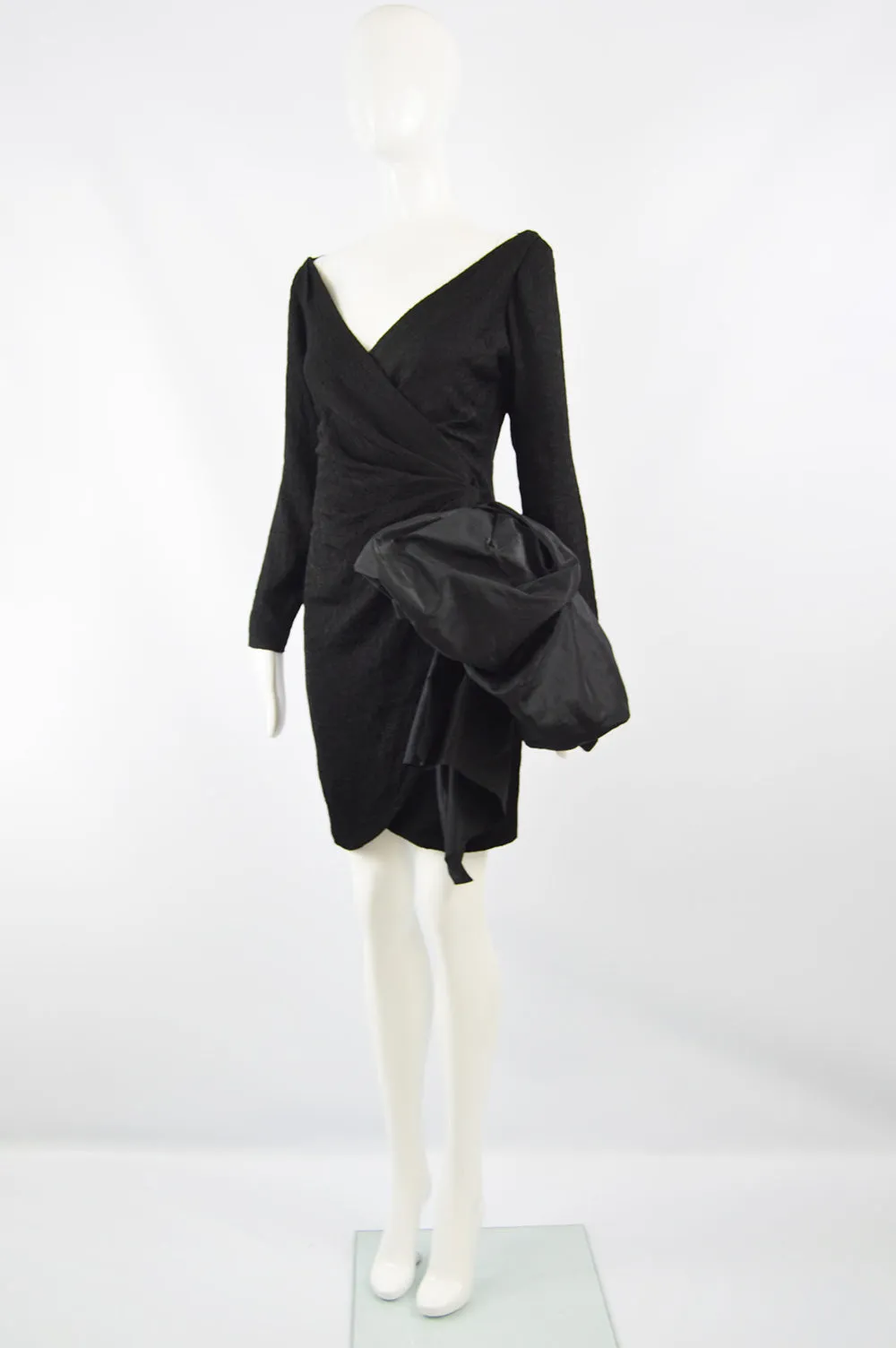 Vintage Women's Black Cloqué Evening Dress, 1987