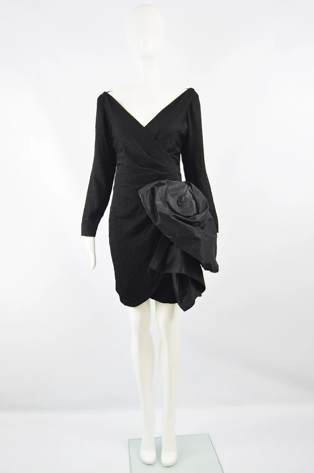 Vintage Women's Black Cloqué Evening Dress, 1987