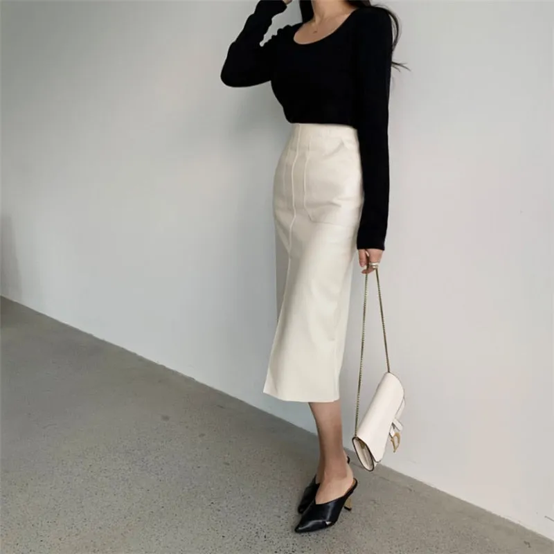 Wjczt New 2021 Autumn Women PU Leather Skirts High Waist Pockets Package Hip Skirt Female Front Split Zipper Midi Pencil Skirts