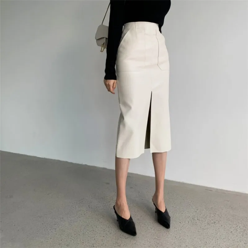 Wjczt New 2021 Autumn Women PU Leather Skirts High Waist Pockets Package Hip Skirt Female Front Split Zipper Midi Pencil Skirts