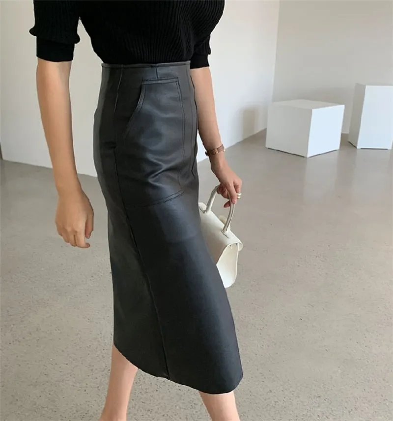 Wjczt New 2021 Autumn Women PU Leather Skirts High Waist Pockets Package Hip Skirt Female Front Split Zipper Midi Pencil Skirts