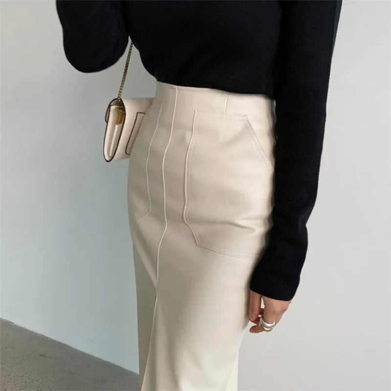 Wjczt New 2021 Autumn Women PU Leather Skirts High Waist Pockets Package Hip Skirt Female Front Split Zipper Midi Pencil Skirts