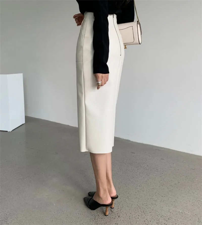 Wjczt New 2021 Autumn Women PU Leather Skirts High Waist Pockets Package Hip Skirt Female Front Split Zipper Midi Pencil Skirts