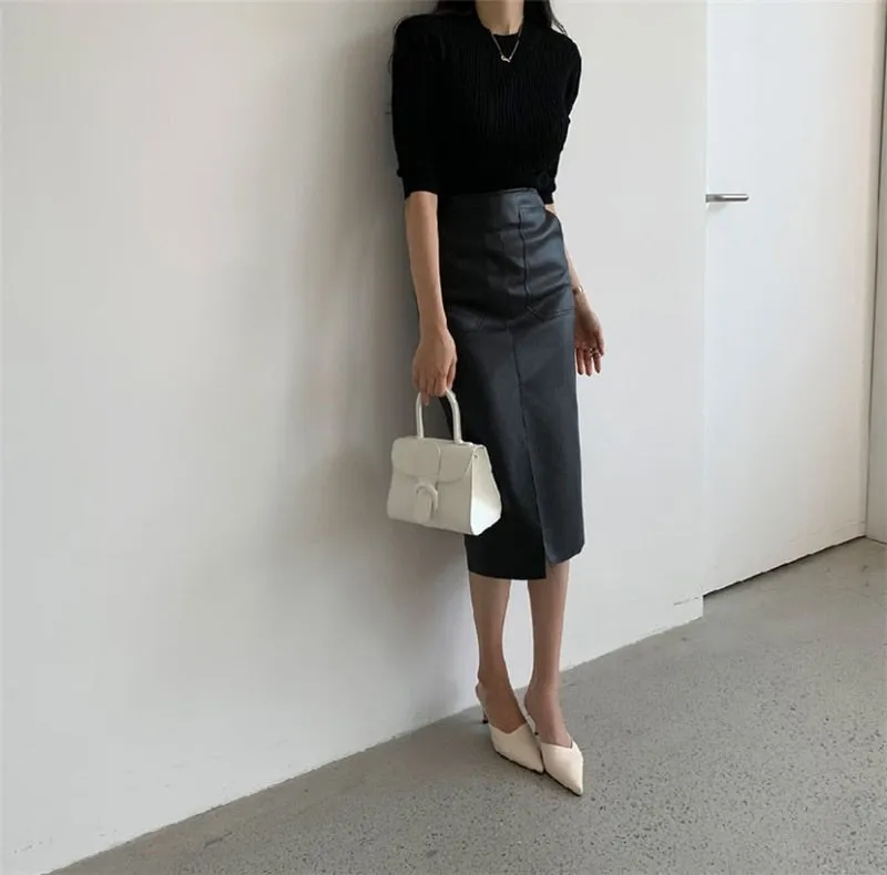Wjczt New 2021 Autumn Women PU Leather Skirts High Waist Pockets Package Hip Skirt Female Front Split Zipper Midi Pencil Skirts