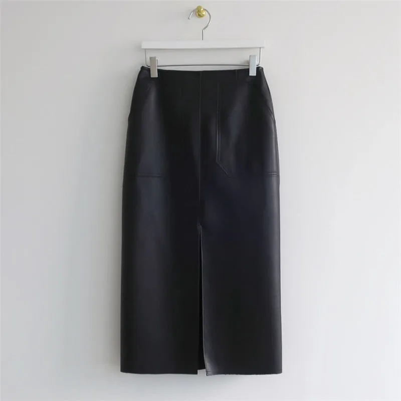 Wjczt New 2021 Autumn Women PU Leather Skirts High Waist Pockets Package Hip Skirt Female Front Split Zipper Midi Pencil Skirts