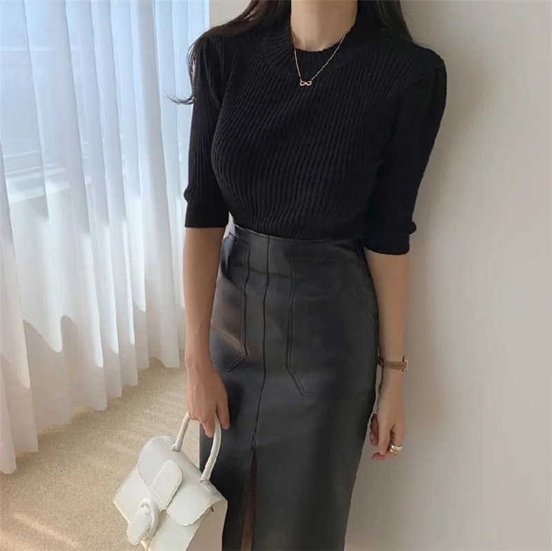 Wjczt New 2021 Autumn Women PU Leather Skirts High Waist Pockets Package Hip Skirt Female Front Split Zipper Midi Pencil Skirts