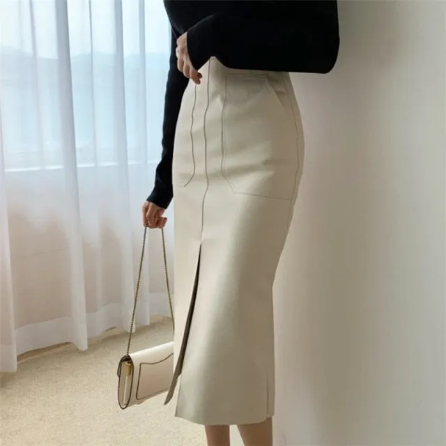 Wjczt New 2021 Autumn Women PU Leather Skirts High Waist Pockets Package Hip Skirt Female Front Split Zipper Midi Pencil Skirts