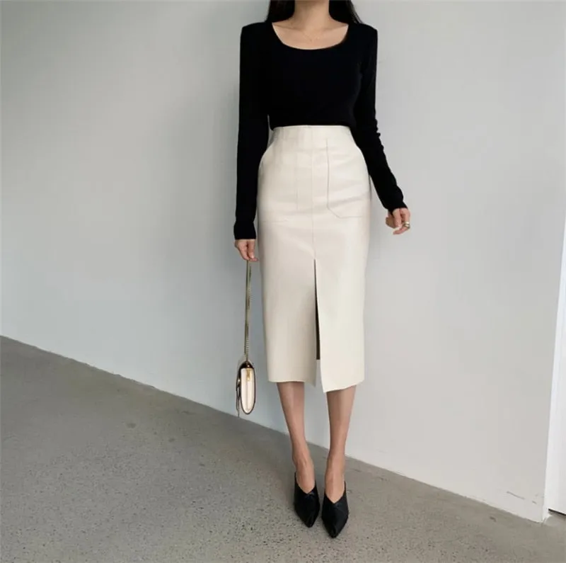 Wjczt New 2021 Autumn Women PU Leather Skirts High Waist Pockets Package Hip Skirt Female Front Split Zipper Midi Pencil Skirts
