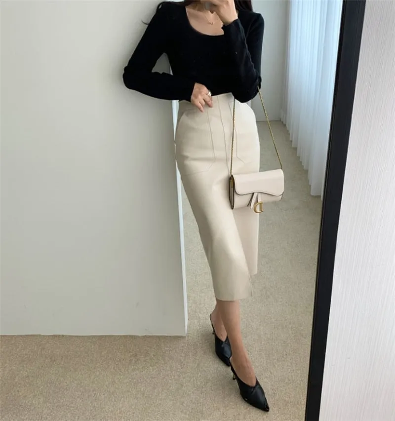 Wjczt New 2021 Autumn Women PU Leather Skirts High Waist Pockets Package Hip Skirt Female Front Split Zipper Midi Pencil Skirts