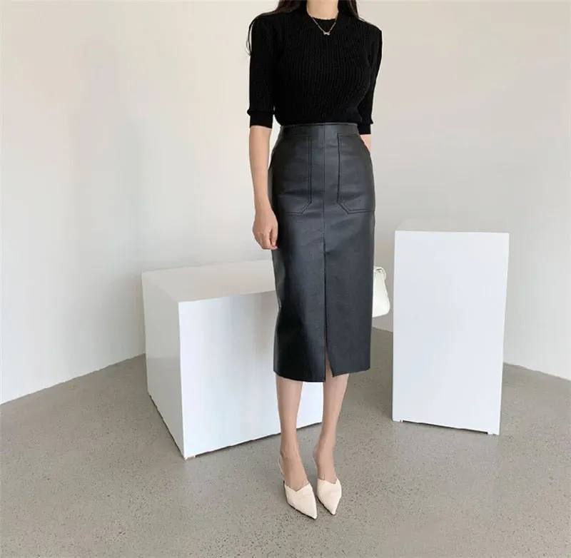 Wjczt New 2021 Autumn Women PU Leather Skirts High Waist Pockets Package Hip Skirt Female Front Split Zipper Midi Pencil Skirts