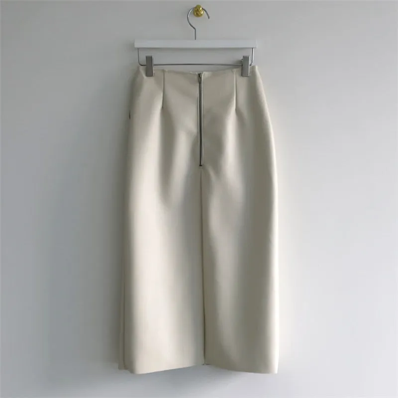 Wjczt New 2021 Autumn Women PU Leather Skirts High Waist Pockets Package Hip Skirt Female Front Split Zipper Midi Pencil Skirts