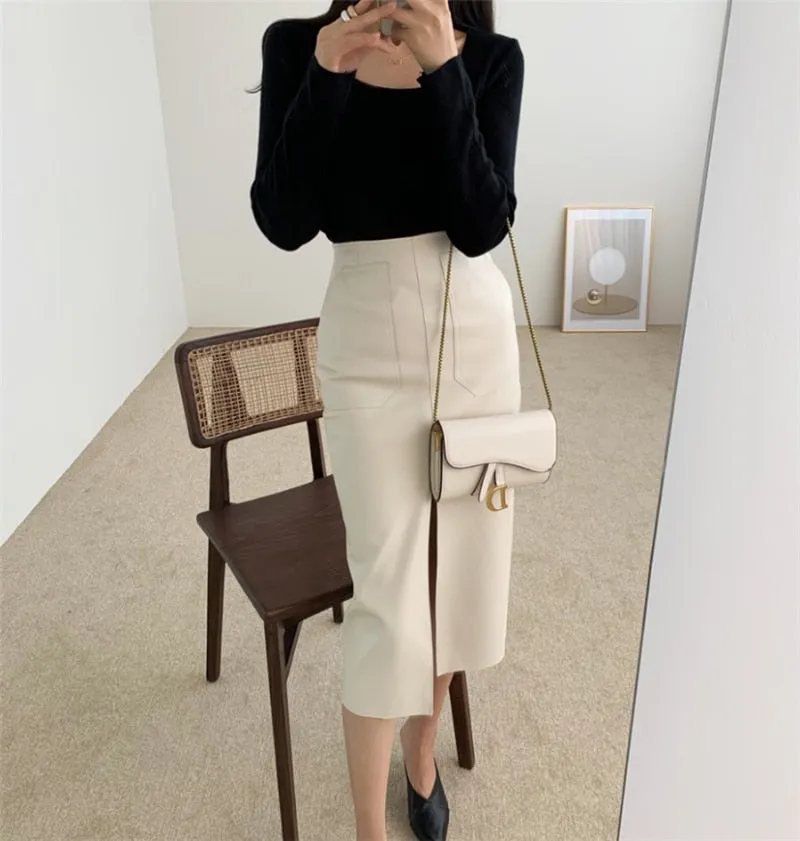 Wjczt New 2021 Autumn Women PU Leather Skirts High Waist Pockets Package Hip Skirt Female Front Split Zipper Midi Pencil Skirts