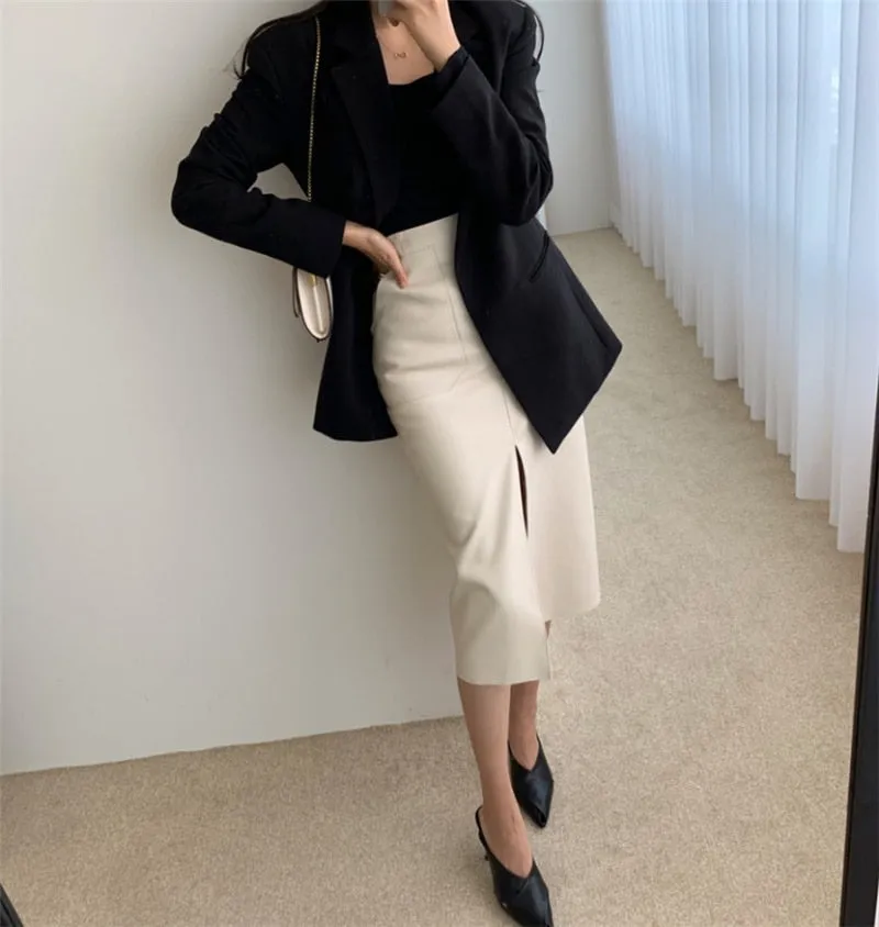 Wjczt New 2021 Autumn Women PU Leather Skirts High Waist Pockets Package Hip Skirt Female Front Split Zipper Midi Pencil Skirts