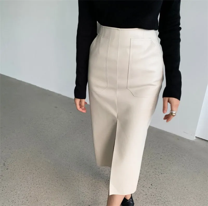 Wjczt New 2021 Autumn Women PU Leather Skirts High Waist Pockets Package Hip Skirt Female Front Split Zipper Midi Pencil Skirts